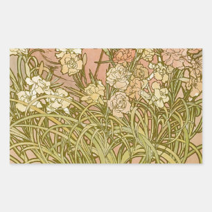 Sticker Rectangulaire Art Nouveau Alfonse Mucha fleurs d'oeillets floral