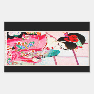 Sticker Rectangulaire Art rose japonais frais de fan de Madame Geisha de