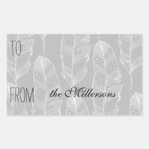 Sticker Rectangulaire Balise cadeau Gris et Plumes blanches