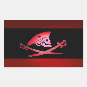 STICKER RECTANGULAIRE BANNIÈRE DE PIRATE NOIR ROUGE AVEC HABIL, ÉPINES