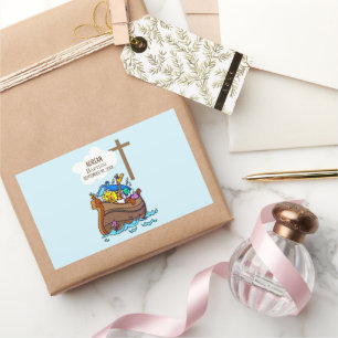 Sticker Rectangulaire Baptême Arche du garçon Noah, mignons animaux Pers