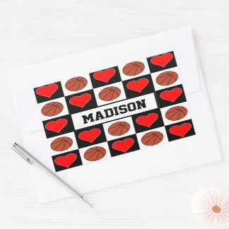 Sticker Rectangulaire Basketballs & Coeurs Joueur Personnalisé Nom Sport