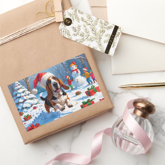 Sticker Rectangulaire Basset Hound Festive de Noël Scène de neige (Cadeaux)