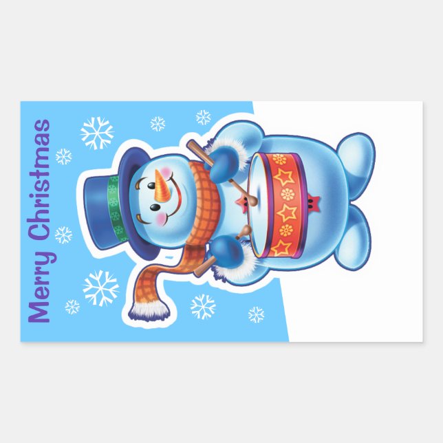 Sticker Rectangulaire Batteur bleu de bonhomme de neige d'autocollant de (Devant)