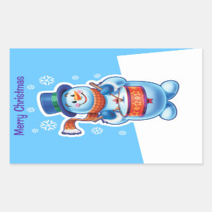 Sticker Rectangulaire Batteur bleu de bonhomme de neige d'autocollant de