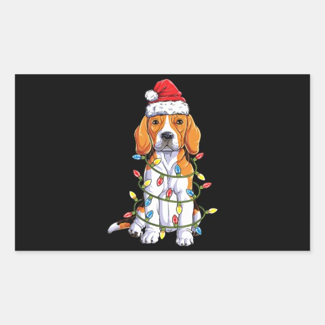 Sticker Rectangulaire Beagle Père Noël Noël Arbre Lumières Noël Cadeaux  (Devant)