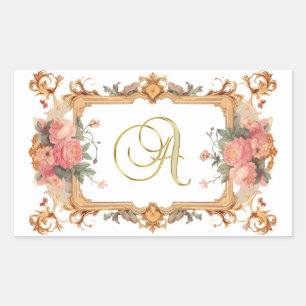 Sticker Rectangulaire Beau cadre fleuri, monogramme A, généré par l'IA,