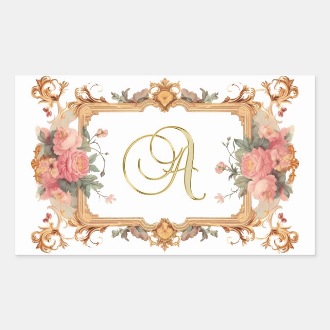 Sticker Rectangulaire Beau cadre fleuri, monogramme A, généré par l'IA, (Devant)