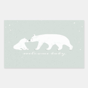 Sticker Rectangulaire Bébé Mama Ours polaire Baby shower bleu neige d'