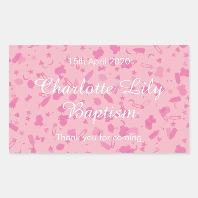Sticker Rectangulaire Bébé rose Confetti Baptême Christening Favoriser (Devant)