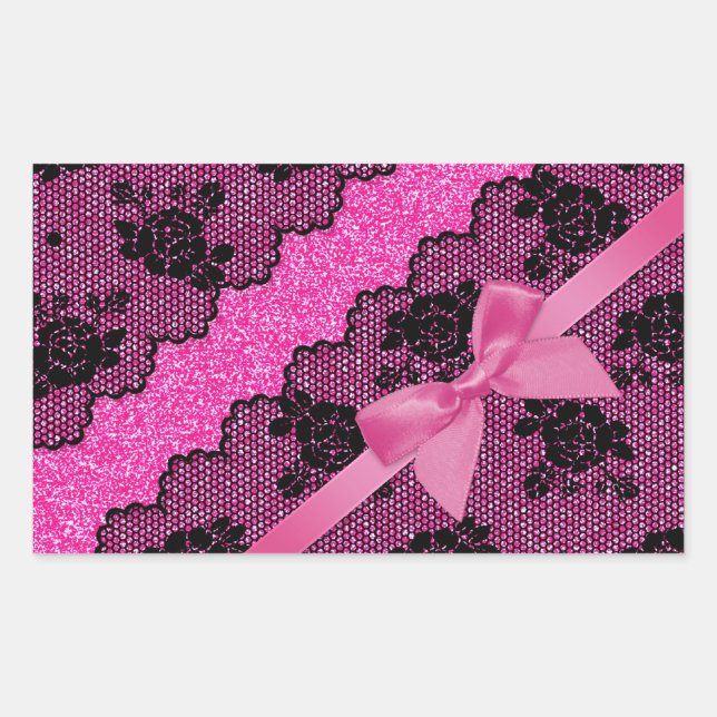 Sticker Rectangulaire Belle élégante ceinture noire dentelle rose dots (Devant)