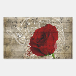 Sticker Rectangulaire Belle rose rouge notes piano tourbillonné