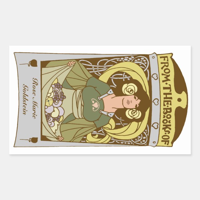 Sticker Rectangulaire Bibliothèque Art Nouveau Ex Libris, couleur main (Devant)