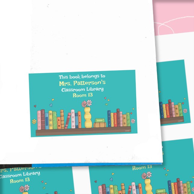 Sticker Rectangulaire Bibliothèque de classe Bibliothèque de bibliothèqu (Teal classroom library bookplate with teacher's name and room number .)