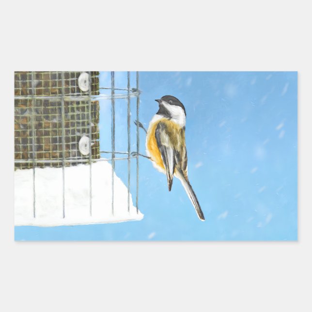 Sticker Rectangulaire Bickadee sur la peinture d'alimentation - Oiseaux  (Devant)
