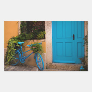 Sticker Rectangulaire Bicyclette bleue et porte en été