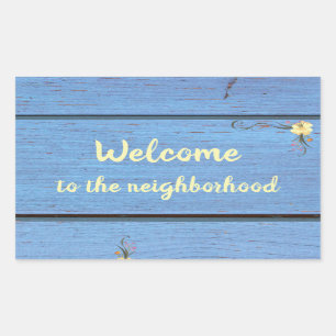 Sticker Rectangulaire Bienvenue dans le quartier Blue Wooden Planks Re