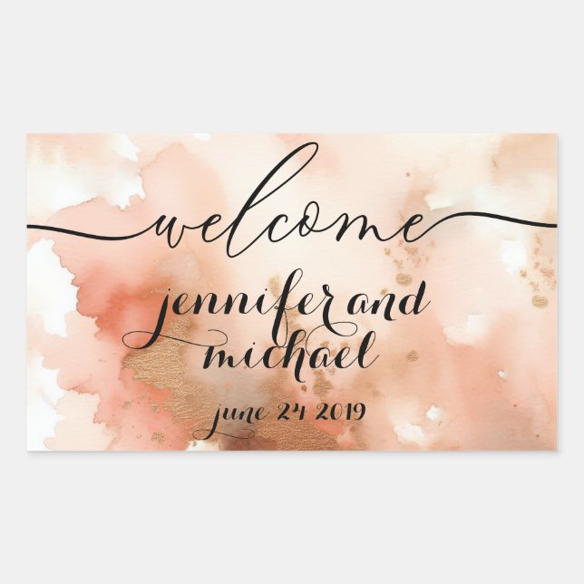 Sticker Rectangulaire Bienvenue RoseGold Mariage aquarelle (Devant)