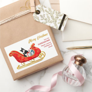 Sticker Rectangulaire Black White Chat Noël Cadeau Sleigh