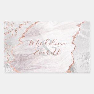 Sticker Rectangulaire Blanc et Rose Or Agate Marbre Monogramme Mariage