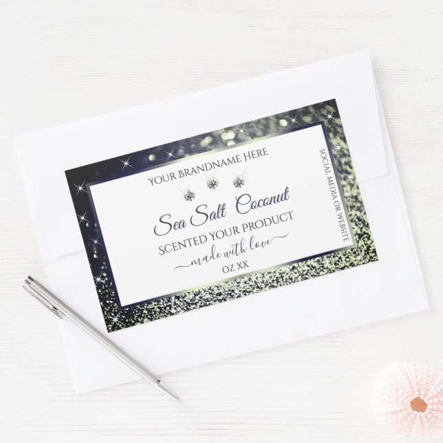 Sticker Rectangulaire Bleu Blanc Parties scintillant Argent Produit Étiq (Enveloppe)