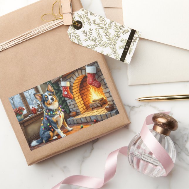 Sticker Rectangulaire Blue Heeler Fireplace with Christmas Lights (Cadeaux)