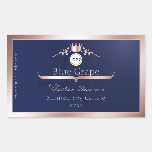 Sticker Rectangulaire Blue Product Label Rose Gold Frame Logo Monogram (Devant)