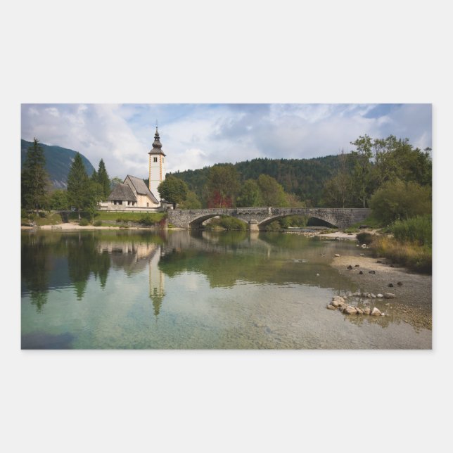 Sticker Rectangulaire Bohinj lac et église, Slovénie rectangle autocolla (Devant)