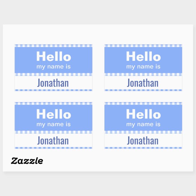 Sticker Rectangulaire Bonjour Mon nom est - en vichy bleu et blanc (Feuille)