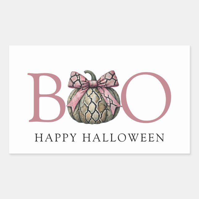 Sticker Rectangulaire Boo Citrouille moderne de peau de serpent avec Bow (Devant)
