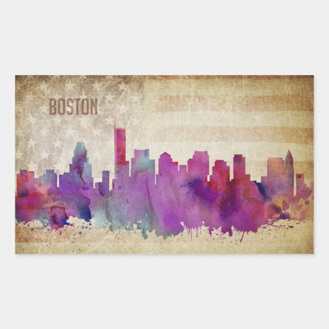 Sticker Rectangulaire Boston, horizon de ville d'aquarelle de mA | (Devant)