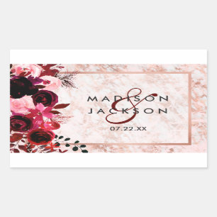 Sticker Rectangulaire Bourgogne Floral et Rose Mariage or Monogramme