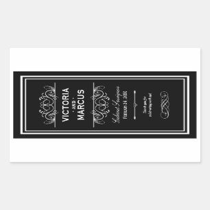 Sticker Rectangulaire Bouteille de vin Mariage noir et blanc Monogramme 
