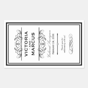 Sticker Rectangulaire Bouteille de vin Mariage noir et blanc Monogramme 