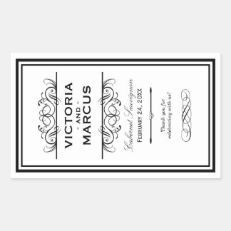 Sticker Rectangulaire Bouteille de vin Mariage noir et blanc Monogramme 