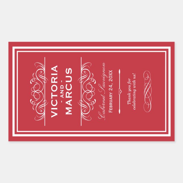 Sticker Rectangulaire Bouteille de vin Mariage rouge Monogramme Favorise (Devant)