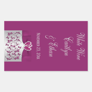 Sticker Rectangulaire Bouteille de vin Mariage violet, gris argenté