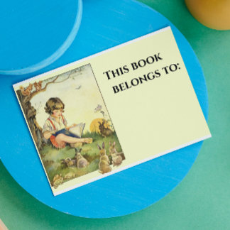 Sticker Rectangulaire Boy reading under tree with rabbits