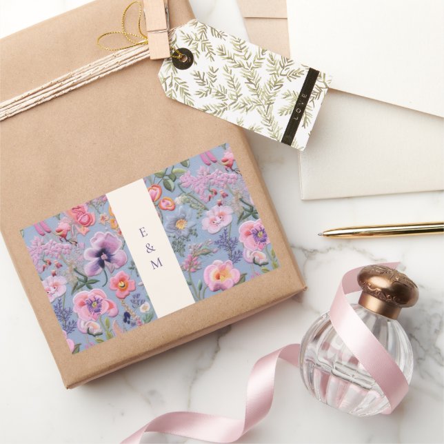 Sticker Rectangulaire Broderie Fleurs Initiales (Cadeaux)