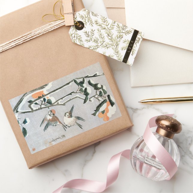 Sticker Rectangulaire Bruants et Camellia en Neige par Ando Hiroshige (Cadeaux)