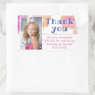 Sticker Rectangulaire Bubbles roses Girl Photo Anniversaire Merci