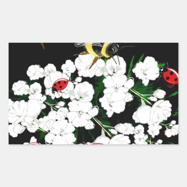 Sticker Rectangulaire Bureaux d'abeilles dramatiques et fleurs blanches  (Devant)
