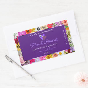 Sticker Rectangulaire Cadre Floral Coloré Purple Produit Coeurs Étiquett