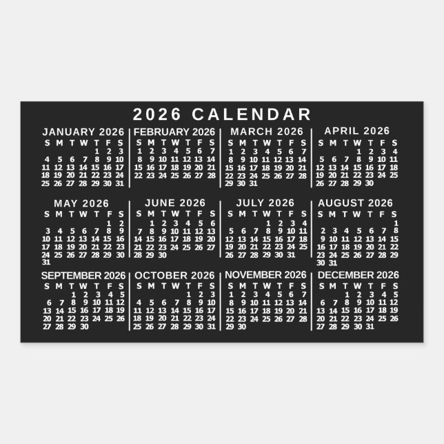 Sticker Rectangulaire Calendrier mensuel 2026 Classique Noir et Blanc (Devant)