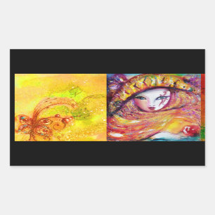 STICKER RECTANGULAIRE CARNAVAL EN JAUNE D'OR AVEC ROSE ROUGE