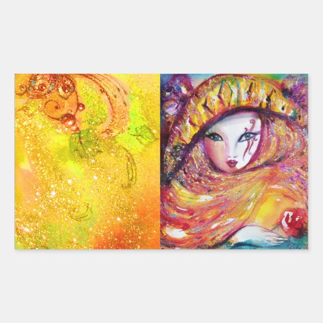 STICKER RECTANGULAIRE CARNAVAL EN JAUNE D'OR AVEC ROSE ROUGE (Devant)