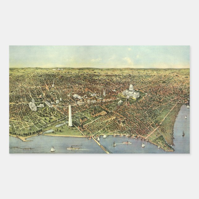 Sticker Rectangulaire Carte antique avec une vue panoramique de Washingt (Devant)