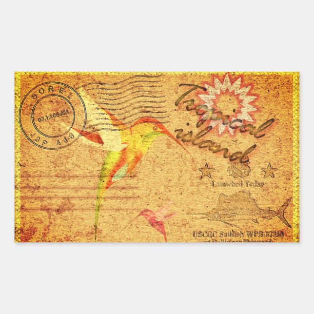 Sticker Rectangulaire Carte postale vintage colibri de l'île tropicale (Devant)