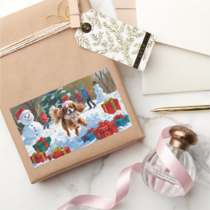Sticker Rectangulaire Cavalier King Charles Spaniel Neige avec Noël 