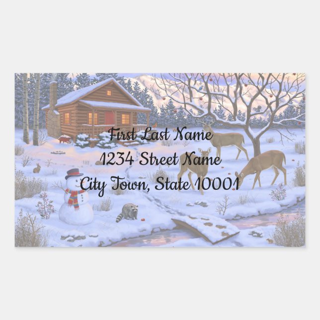 Sticker Rectangulaire Cerf Cabine D'Hiver Dans La Scène De Noël De Neige (Devant)